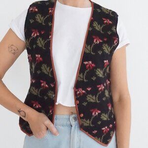 Vintage Black Floral Tapestry Button Front Vest Cottagecore Boho Knit Vest S